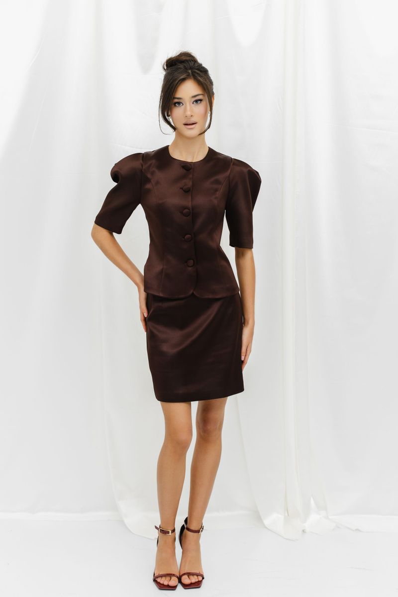 Блуза из атласа на пуговицах шоколадная