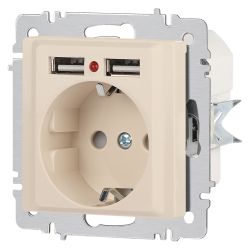 Розетка Intro Accent 6-410-02 с заземлением 2P+E Schuko со шторками 16А-250В + 2хUSB IP20 СУ слоновая кость | Intro