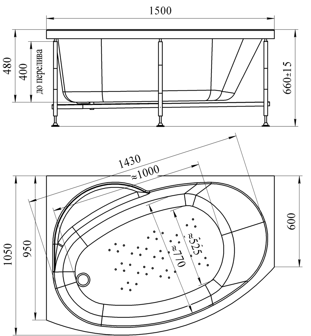 Акриловая ванна Монти 150х105(левосторонняя), каркас