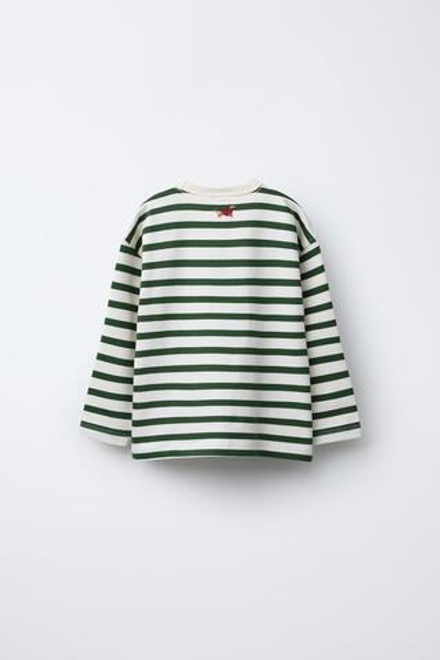 ZARA ФУТБОЛКА В ПОЛОСКУ С ВЫШИВКОЙ, ЗЕЛЕНЫЙ