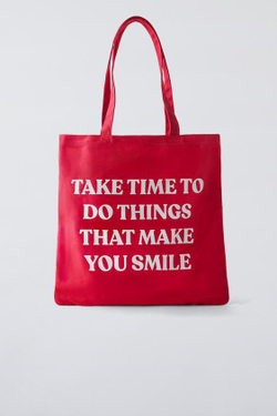 ZARA СУМКА-ШОПЕР ИЗ ХЛОПКА, КРАСНЫЙ