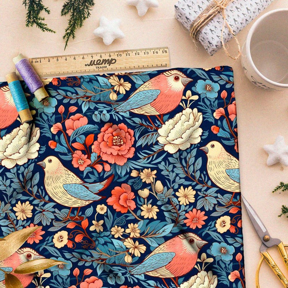 Ткань премиум интерлок сказочные птицы в сине-красной палитре