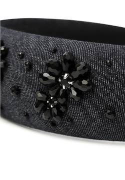 Ободок объемный из серой джинсы с черными цветами