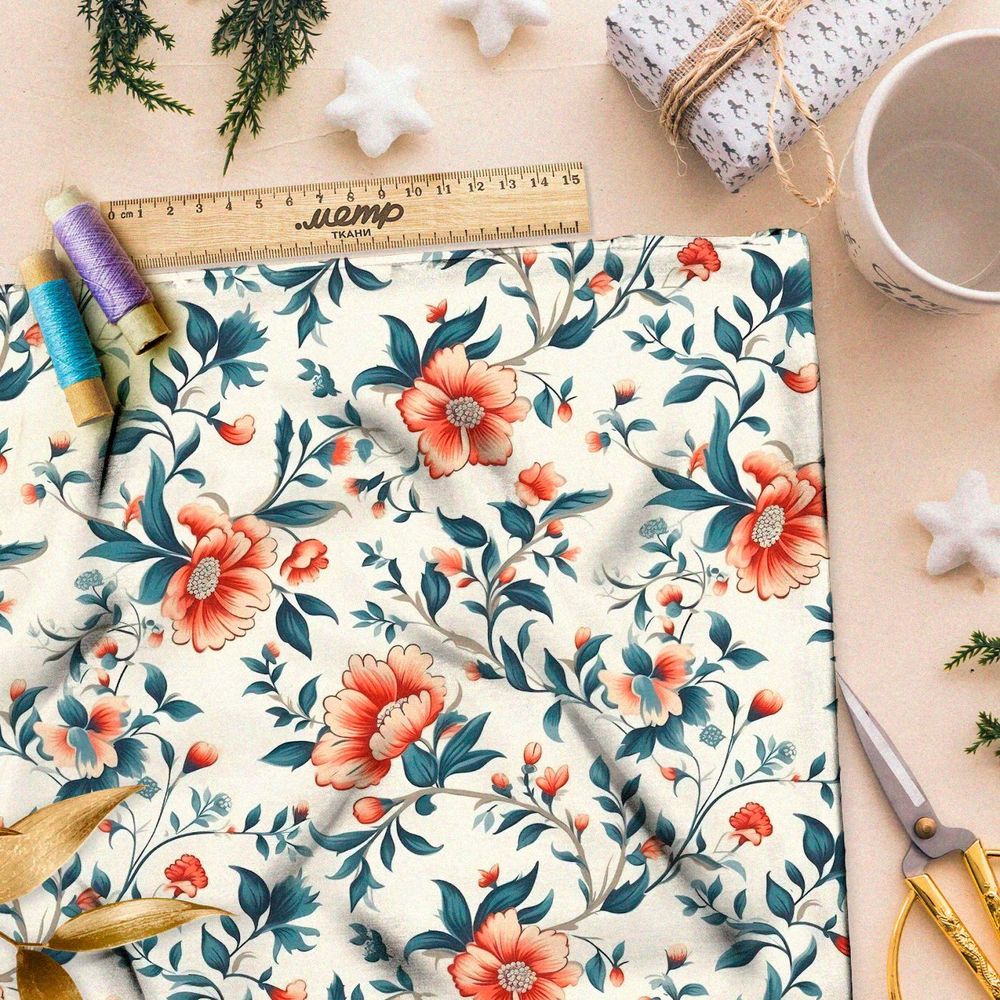Ткань премиум интерлок весенняя цветочная иллюстрация