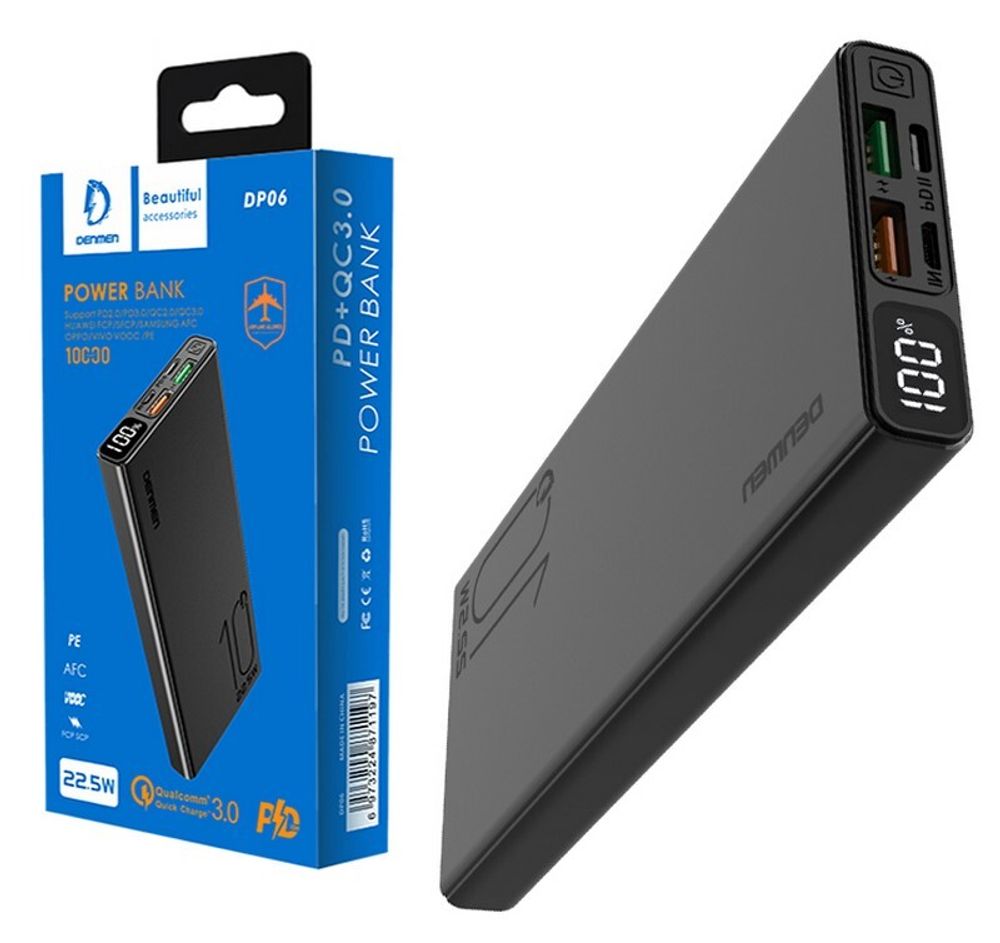 Портативный аккумулятор DENMEN DP06 10000 mAh PD 20W+QC 3.0 (черный)