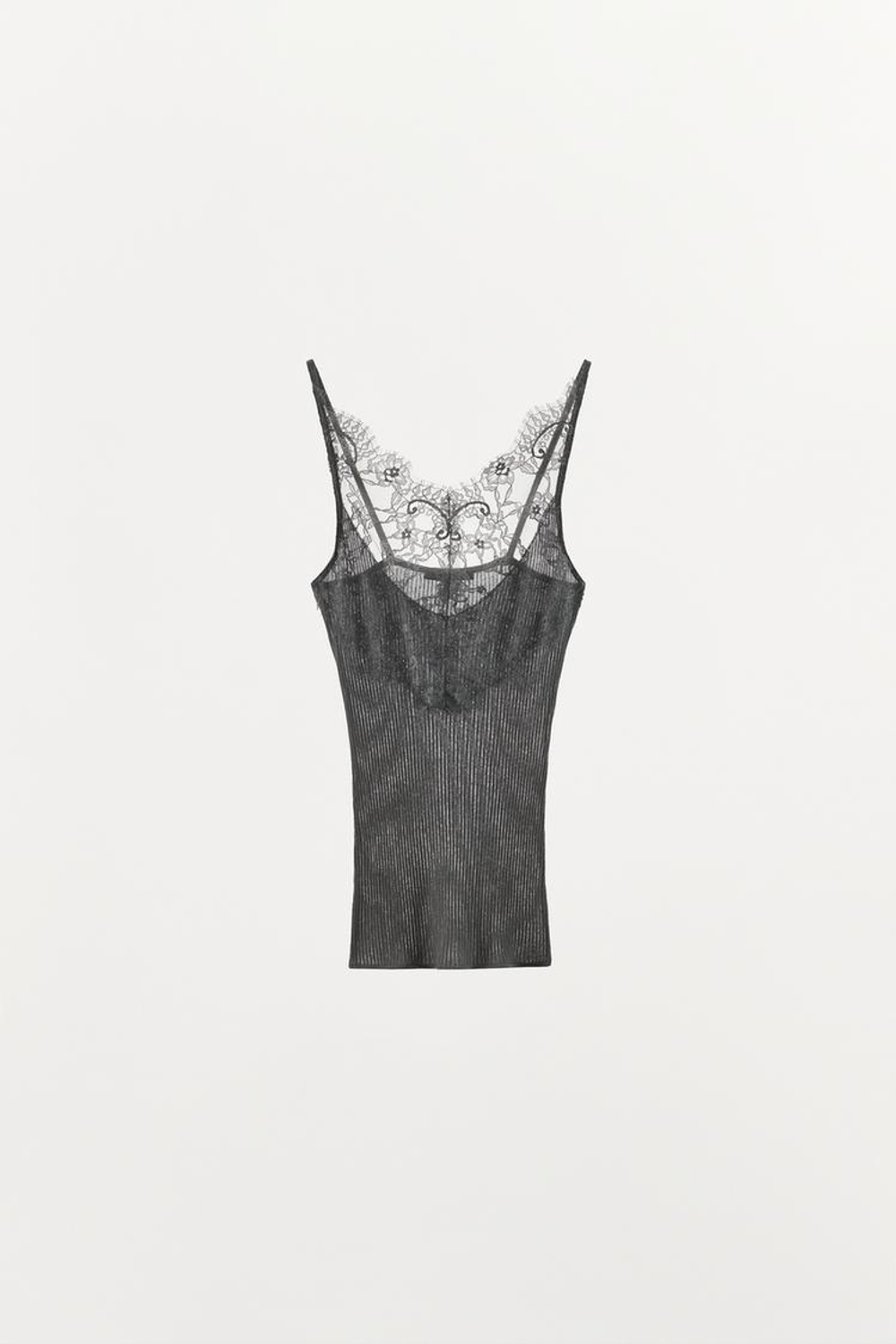 ZARA ТРИКОТАЖНЫЙ ТОП С БРЕТЕЛЯМИ И КРУЖЕВОМ, СЕРЫЙ