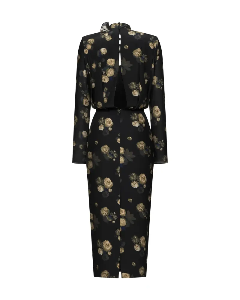 Jasmine midi, платье миди из черного крепдешина с крупным цветочным принтом