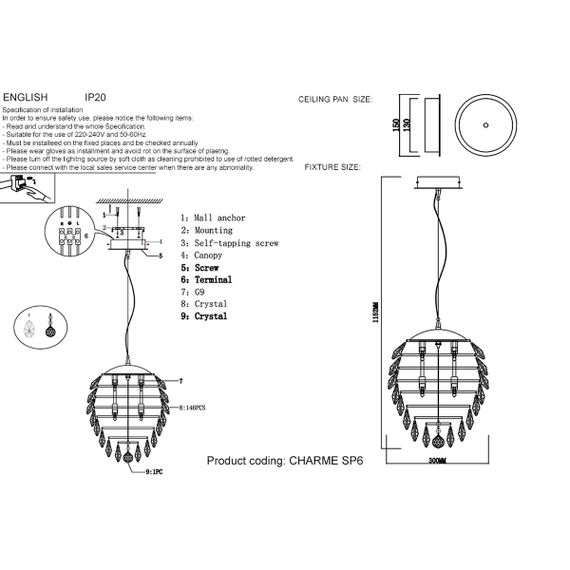 Подвесной светильник Crystal Lux Charme SP6 Chrome/Transparent
