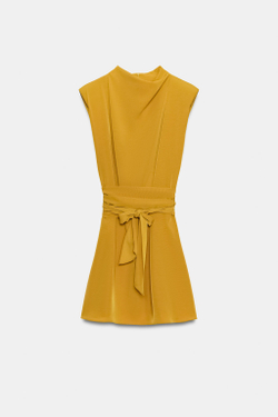 ZARA КОРОТКОЕ ПЛАТЬЕ С ЗАВЯЗКАМИ И ПОДПЛЕЧНИКАМИ, ГОРЧИЧНЫЙ