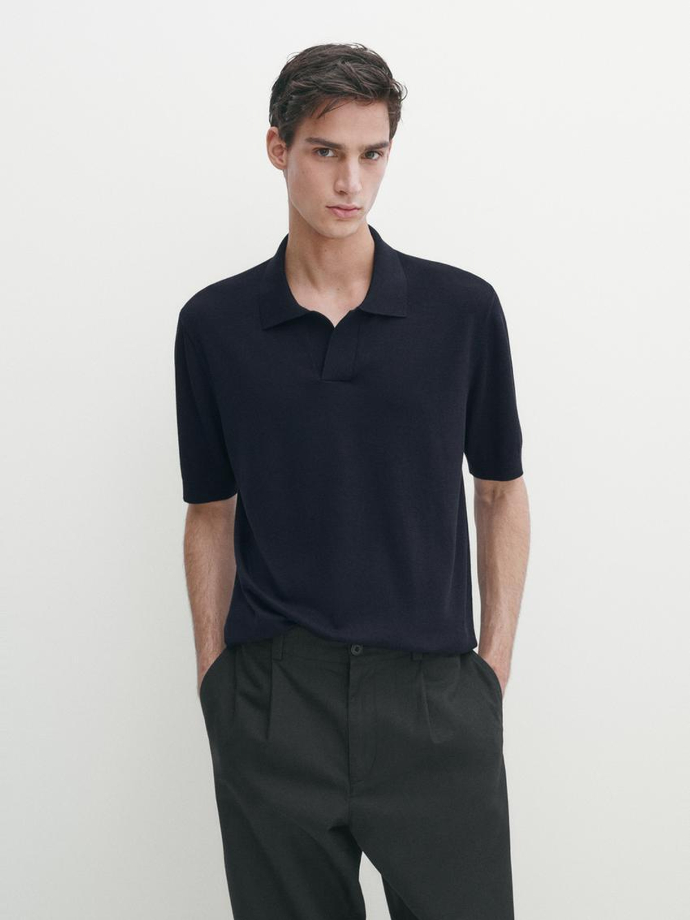 Massimo Dutti Футболка-поло из смесового трикотажа, темно-синий