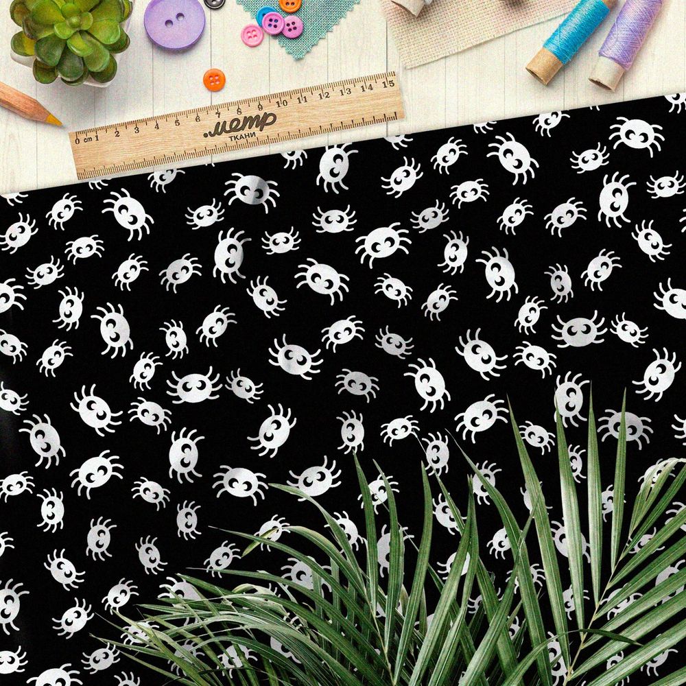 Ткань атлас белые пауки на чёрном фоне