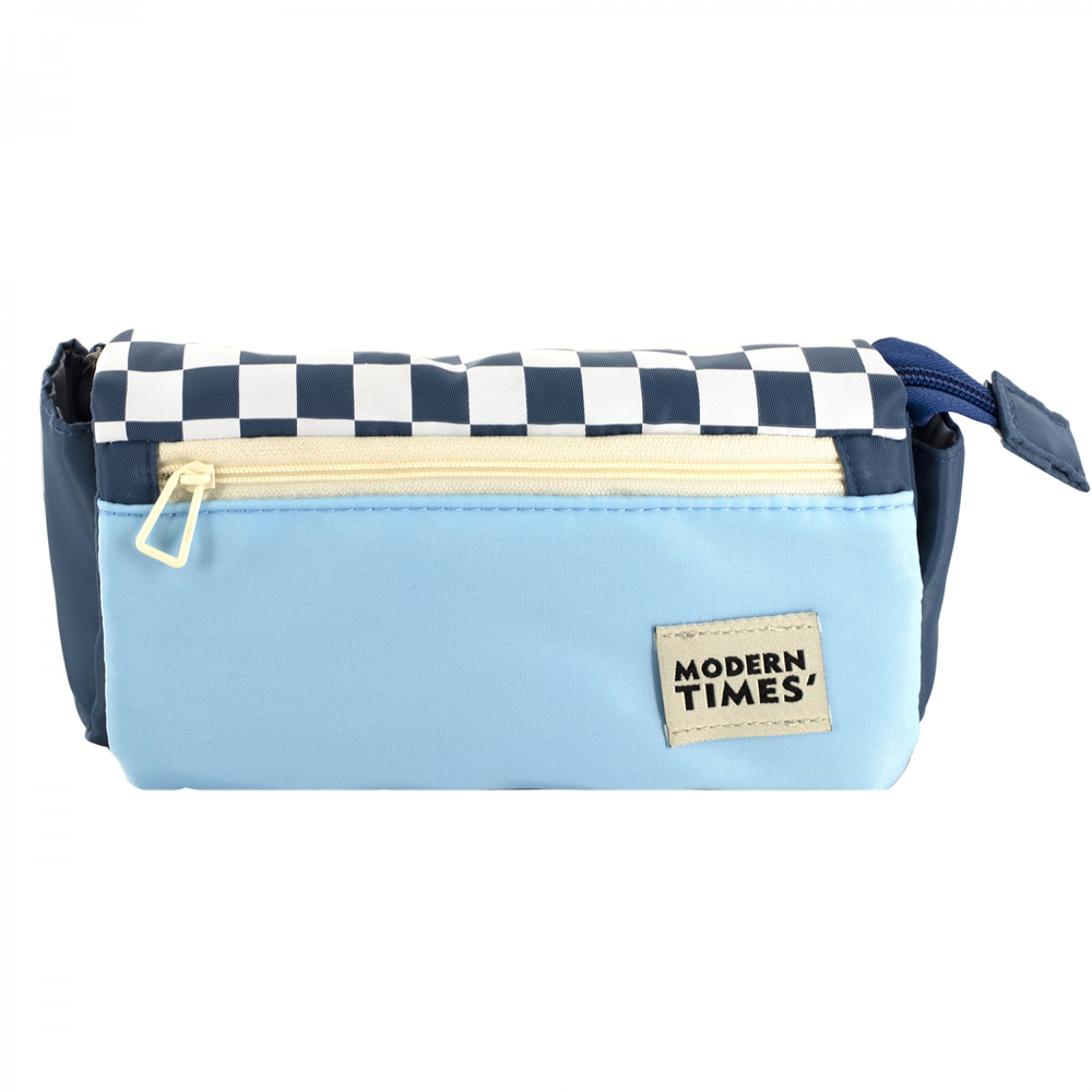 Пенал - косметичка Alingar, ткань, молния, боковой карман, липучка, 200 х 90 х 45 мм, "Modern TIMES", синий/голубой, дизайн клетка, европодвес