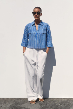 ZARA РУБАШКА ИЗ СМЕСОВОГО ЛЬНА С ШИРОКИМИ РУКАВАМИ, СИНИЙ/БЕЛЫЙ