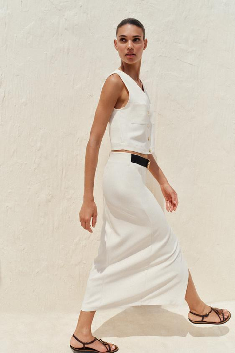 ZARA ЮБКА-МИДИ ИЗ КРЕПА С РЕМНЕМ, ЭКРЮ