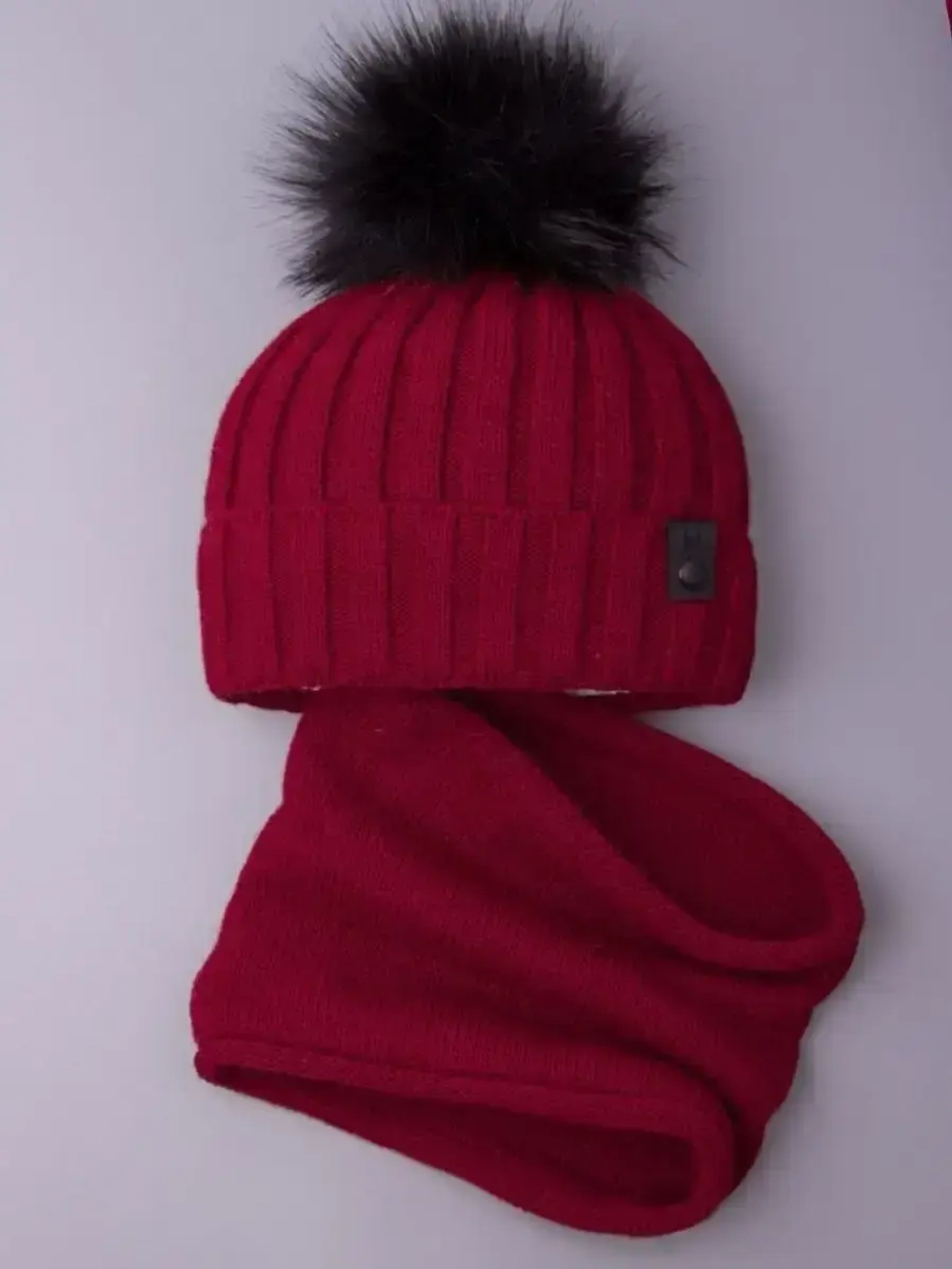 Шапка детская зимняя вязаная с помпоном и снуд