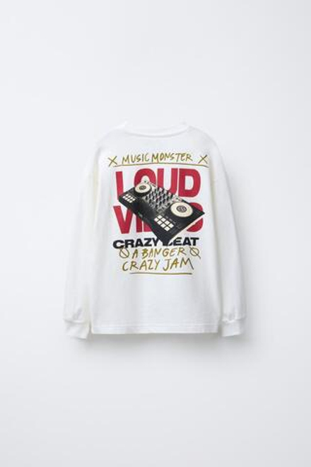 ZARA ФУТБОЛКА С ПРИНТОМ, ЖЕЛТОВАТО-БЕЛЫЙ