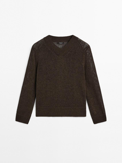 Massimo Dutti Свитер с V-образным вырезом из смесового хлопка, шоколадный