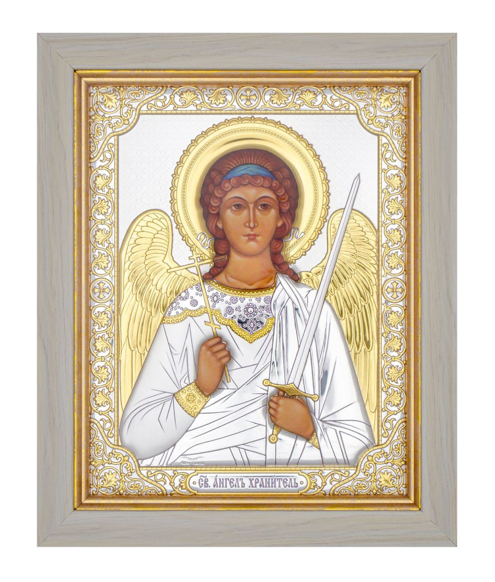 Ангел Хранитель, икона прямоугольная в рамке под стеклом, белое дерево 206х258