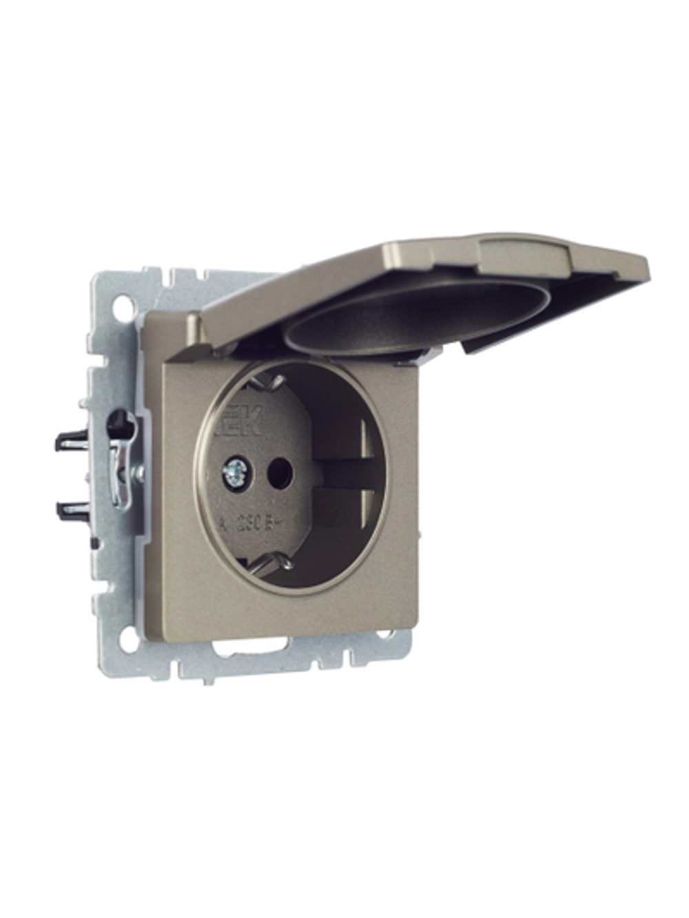 BRITE Розетка 1-местная с заземлением с защитными шторками и крышкой 16А IP44 РСбш10-3-44-БрШ шампань IEK