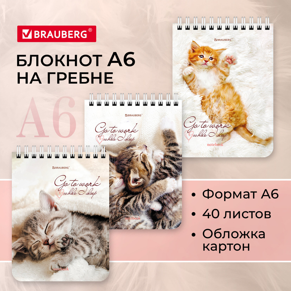 Блокнот малый ФОРМАТ А6 108х145 мм 40 л. гребень картон клетка BRAUBERG "Милые котята" (42 штуки в упаковке)