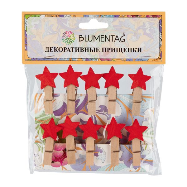 Прищепки декоративные 50 шт (5х10 шт), 3.5 см, Z65 Красные звездочки, Blumentag WCLA-35