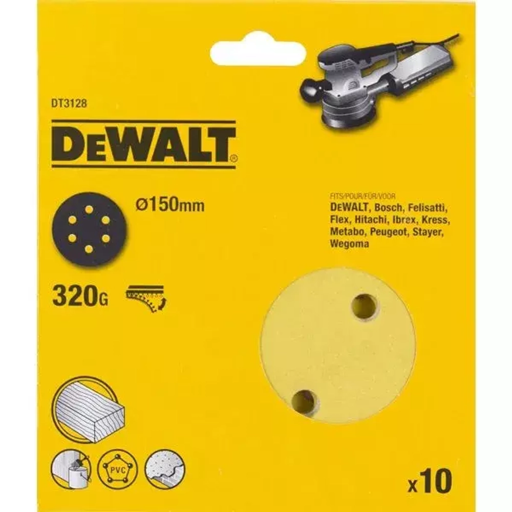 Круг шлифовальный (10 шт; 150 мм; 6 отв; 320G) DEWALT DT3128