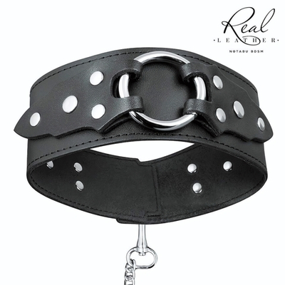 Брутальный кожаный ошейник с поводком (Цвет: черный)