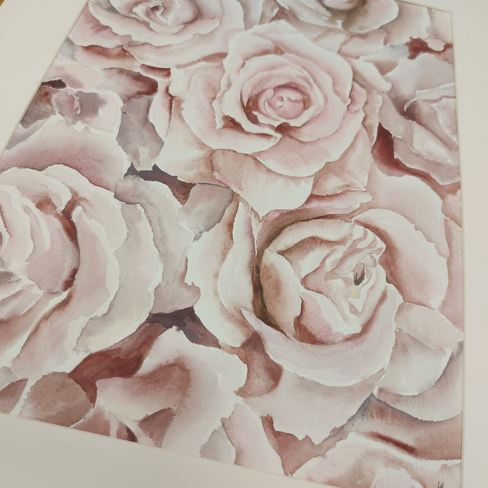 Картина авторская акварельная в паспарту 40х50 см на стену для интерьера "Розы "
