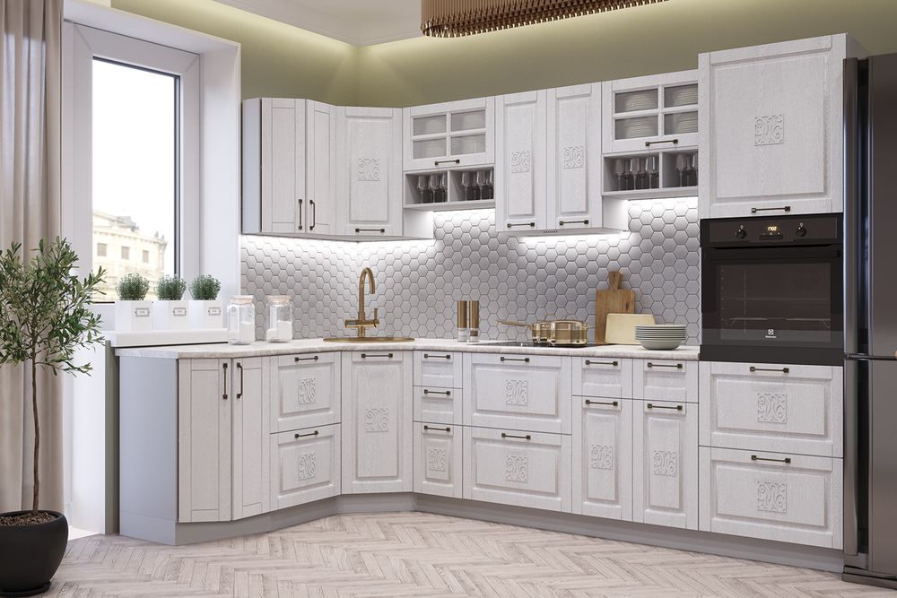 Модульный кухонный гарнитур «Опера» 2100/900 (Белый патина)