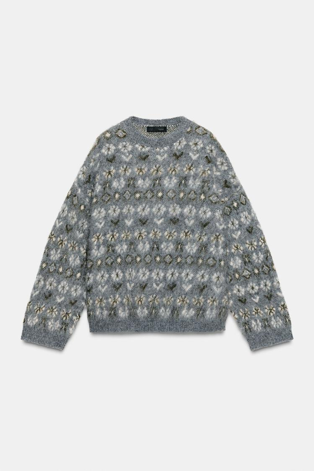 ZARA ЖАККАРДОВЫЙ СВИТЕР ИЗ ТРИКОТАЖА С ВОРСОМ, СЕРЫЙ