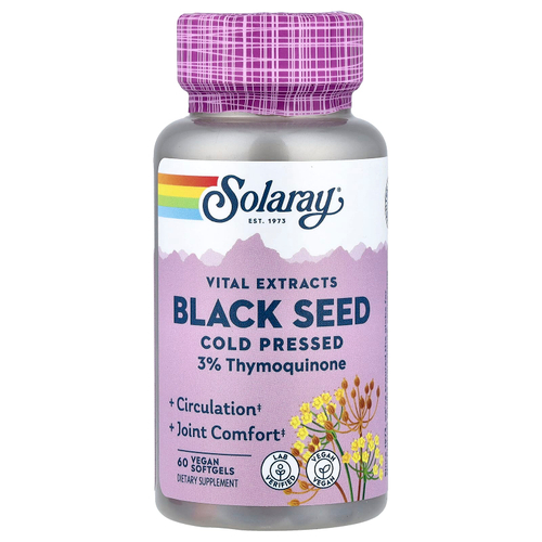 Solaray, Vital Extracts, чёрный тмин, холодный отжим, 60 веганских капсул (500 мг в 1 капсуле)