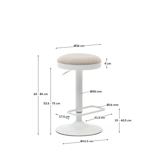 Табурет Zaib из бежевой синели и белой матовой стали, высота 58-80 см. Испания