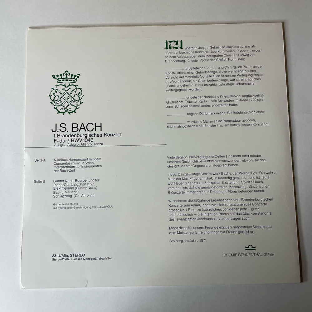 Винтажная виниловая пластинка LP J. S. Bach Бах, Nikolaus Harnoncourt, G nter Noris, 1721 1971, Бранденбургские концерты Brandenburgisches Konzert 1 F dur (Германия 1971)