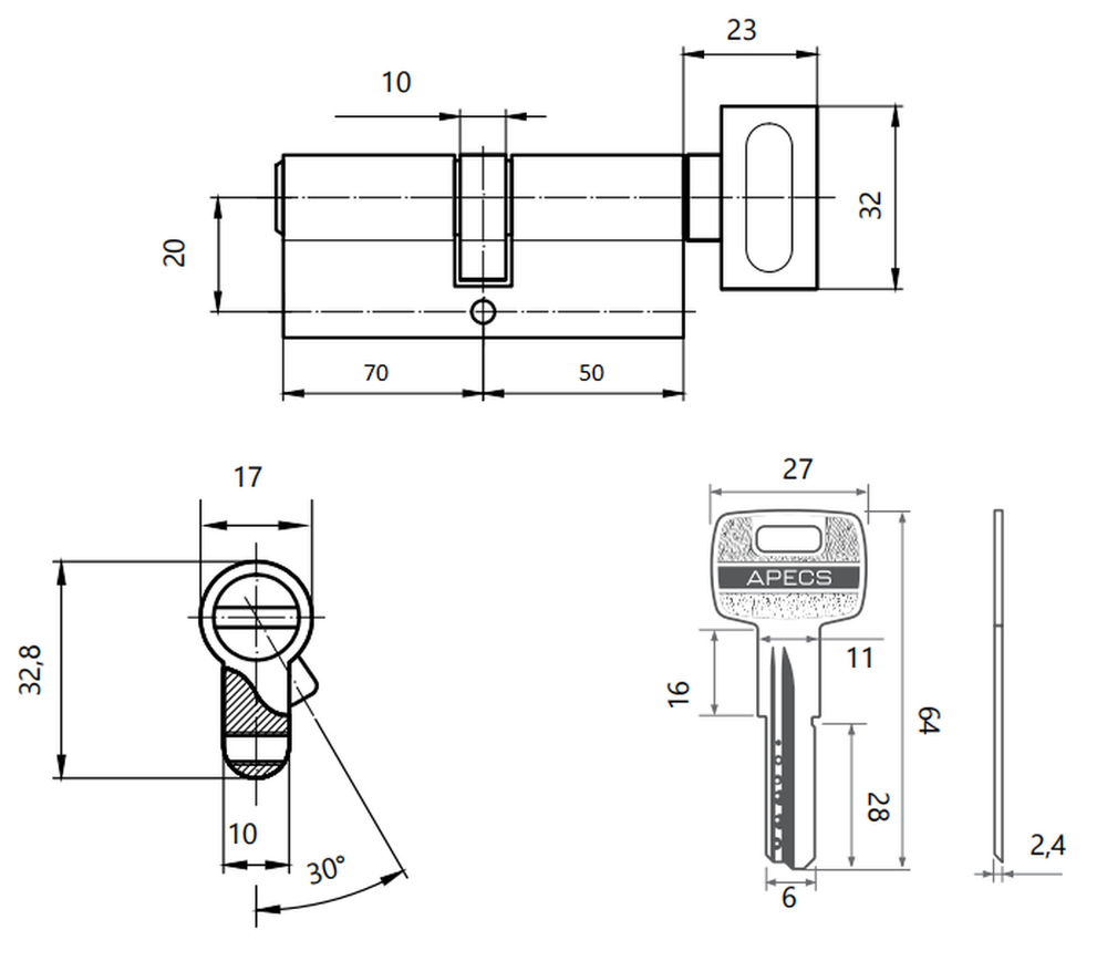 Цилиндровый механизм Apecs SM-120(50C/70)-C-NI