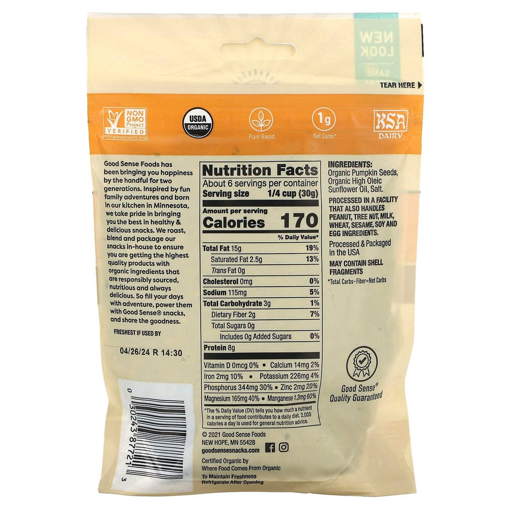 Good Sense, органические семена тыквы, соленые, обжаренные, 170 г (6 унций)