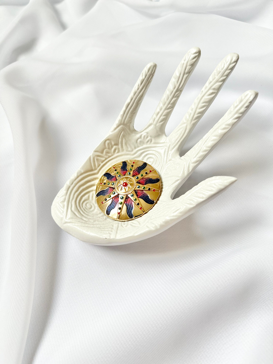 Брошь восьмиконечная звезда с разноцветными эмалиевыми вставками, цвет золото