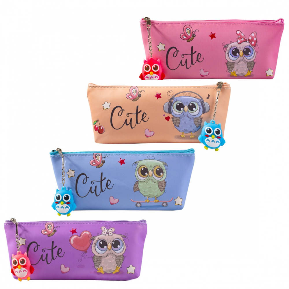 Пенал - косметичка Alingar, ПВХ, молния, брелок, 210 х 80 х 45 мм, "Совенок Cute", ассорти (фиолет,голуб,персик,роз)