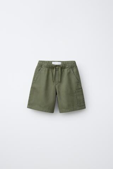ZARA СВОБОДНЫЕ ШОРТЫ КАРГО ИЗ САРЖИ, ЗЕЛЕНЫЙ