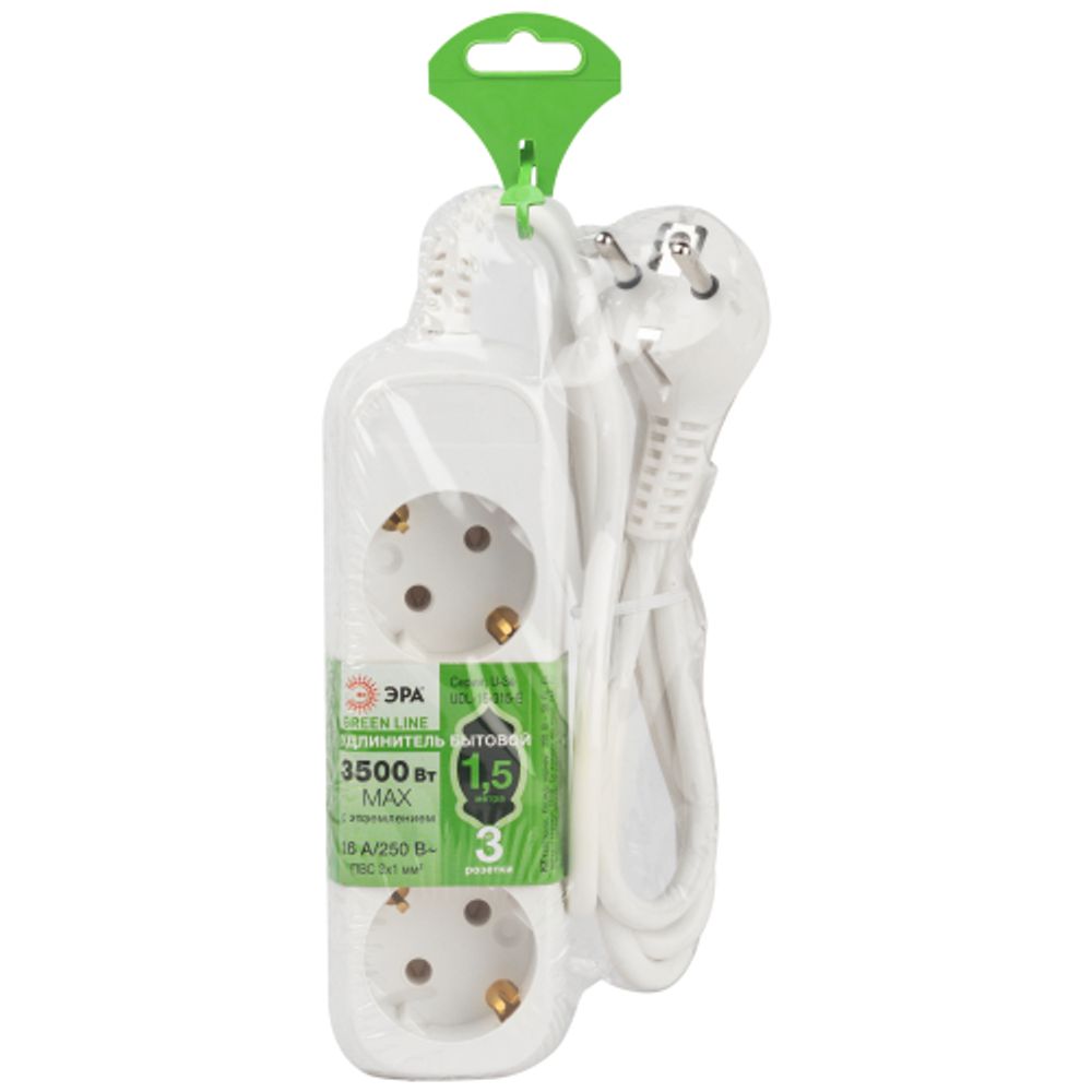 Удлинитель электрический ЭРА UDL-16-315-E Greenline 3 розетки с заземлением 1,5м ПВС 3x1мм2