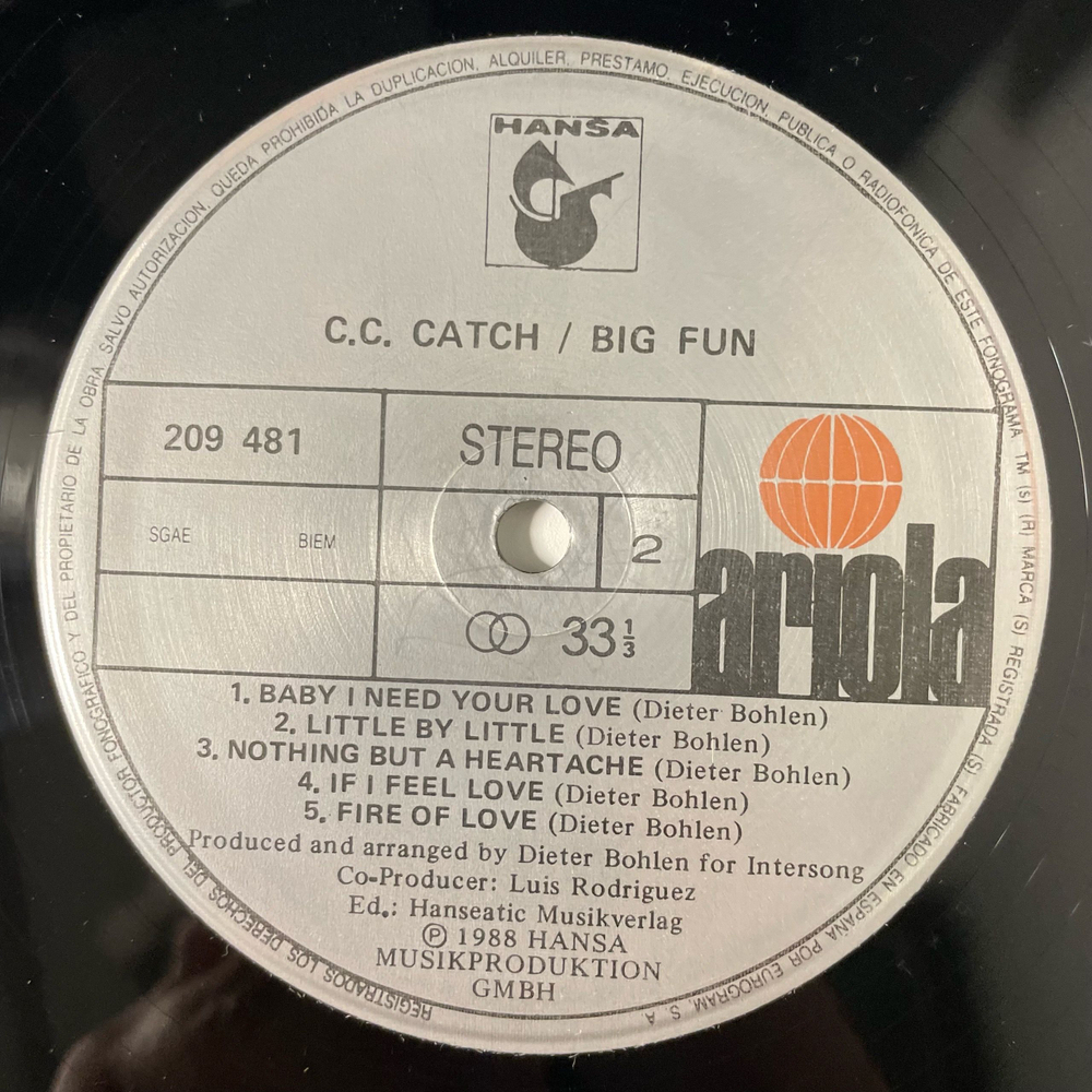 Винтажная виниловая пластинка LP C.C. Catch Big Fun (Испания 1988)