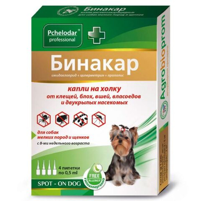 Капли на холку от блох, вшей, власоедов и двукрылых насекомых для собак мелких пород и щенков Бинакар (Pchelodar), 4 пипетки Имидаклоприд/Циперметрин/Прополис