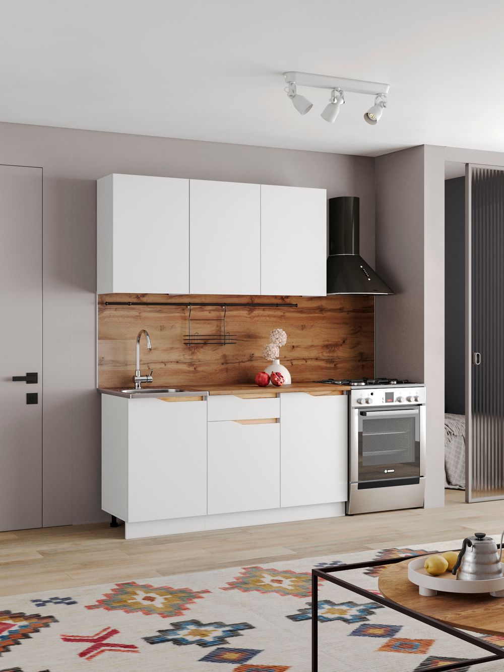 Кухонный гарнитур "Мирра" 1,5м (белый) (столеш. Дуб вотан), Интерьер Центр, г.Пенза