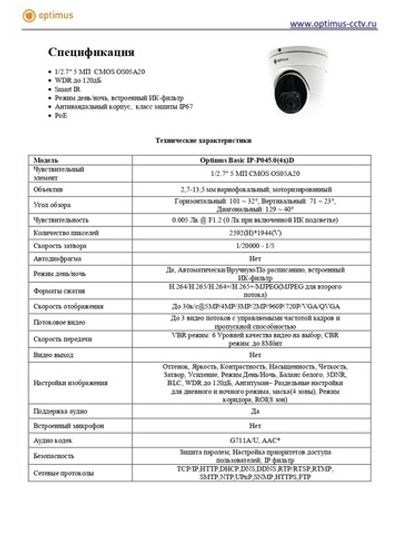 Видеокамера Optimus Basic IP-P045.0(4x)D