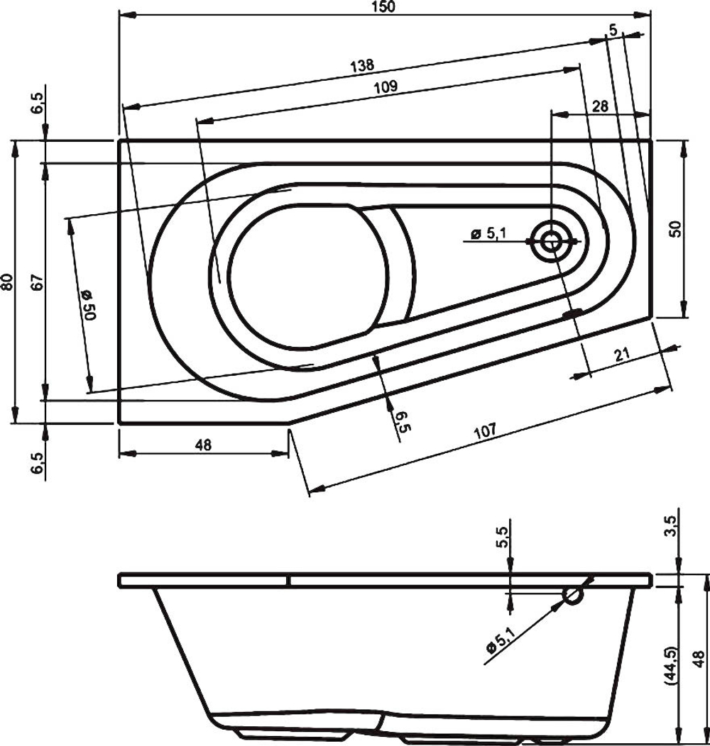 Акриловая ванна Riho DELTA 150х80 R