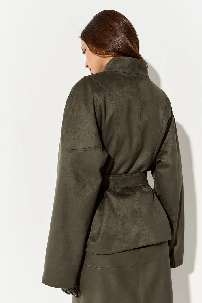 Куртка из экозамши с воротником стойкой цвета хаки