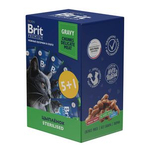Набор паучей Brit Premium для стерилизованных кошек, Цыпленок в соусе, 5+1, 85г