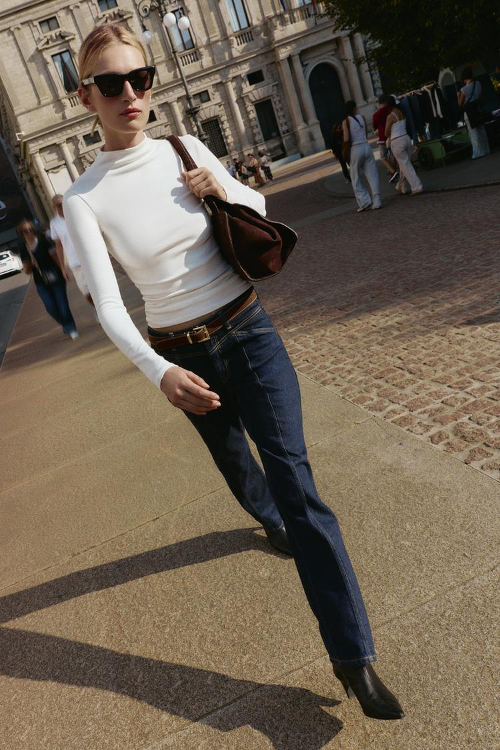 ZARA ФУТБОЛКА С ВЫСОКИМ ВОРОТНИКОМ, ЖЕЛТОВАТО-БЕЛЫЙ