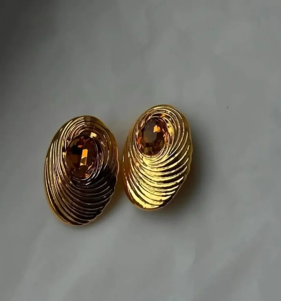 Серьги под золото овальные с желтым камнем
