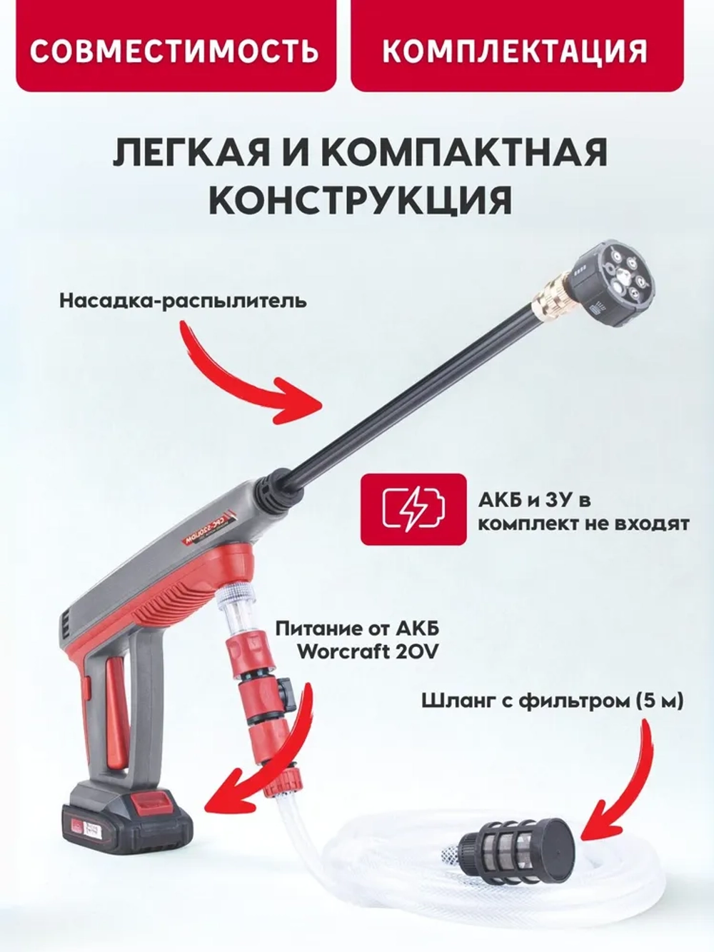 Мойка высокого давления аккумуляторная WORCRAFT с АКБ и ЗУ