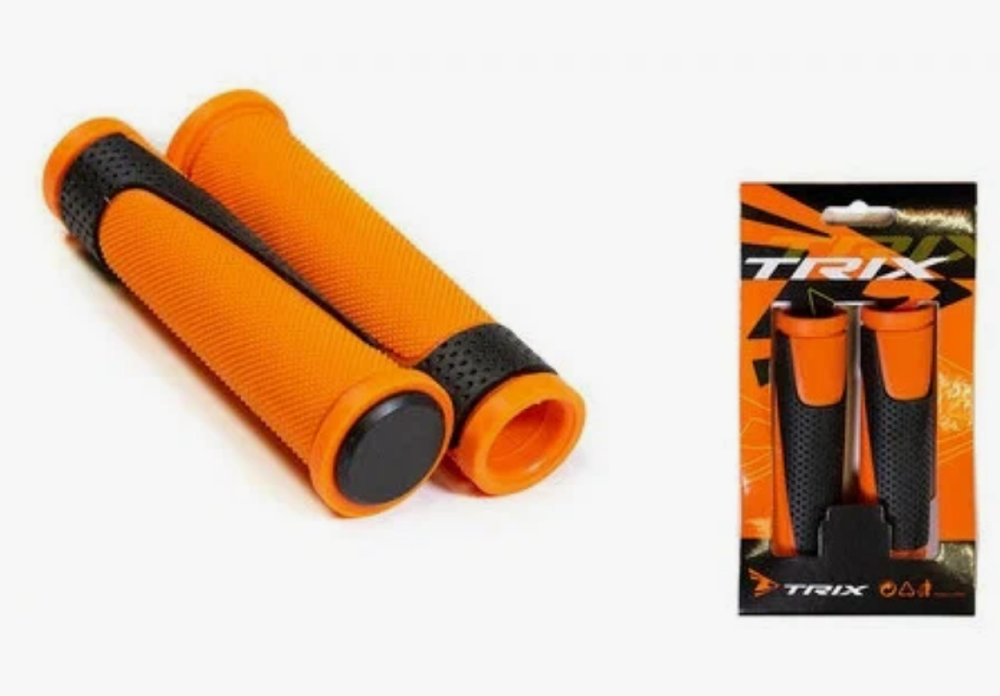 Грипсы TRIX, резиновые, 130мм, 2-х компонентные, с заглушками руля, черно-оранжевые(100)
